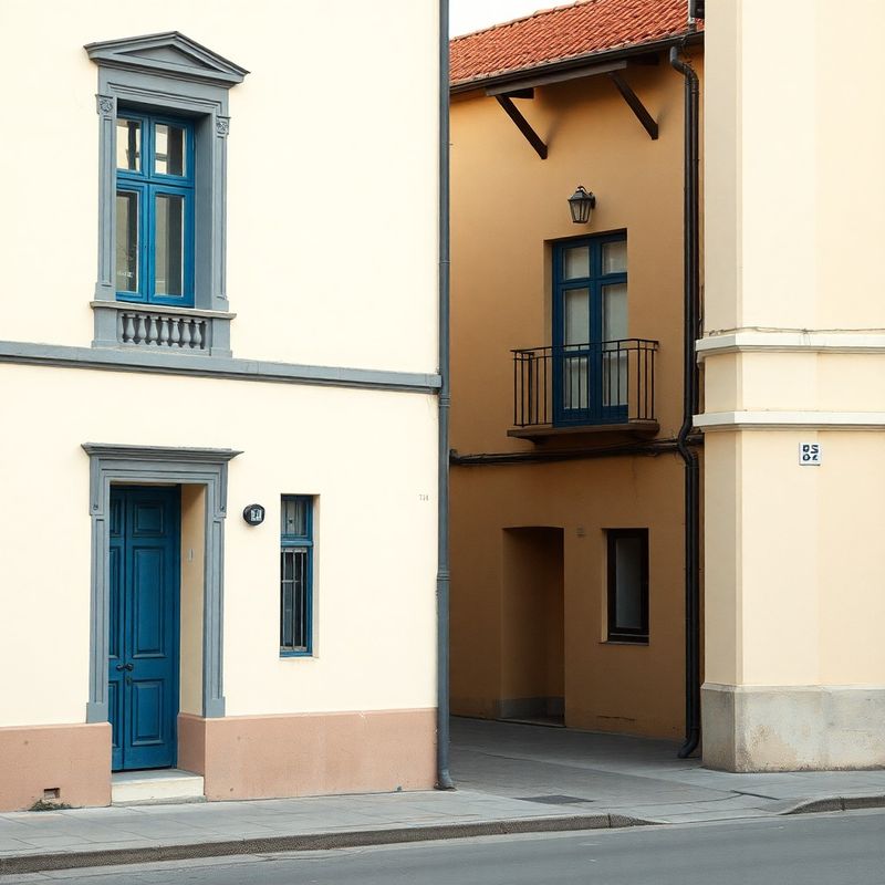 Colț de stradă liniștit din centrul Craiovei cu fațade albe și ancadramente albastre